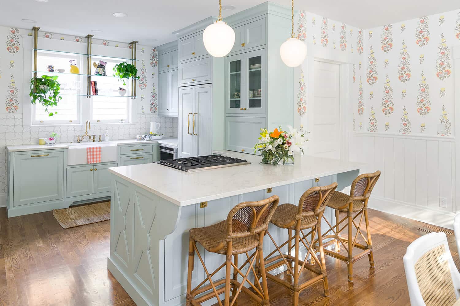 Laney Reusch Interior Design - Cincinnati Interior Designer - light blue kitchen with bar seating