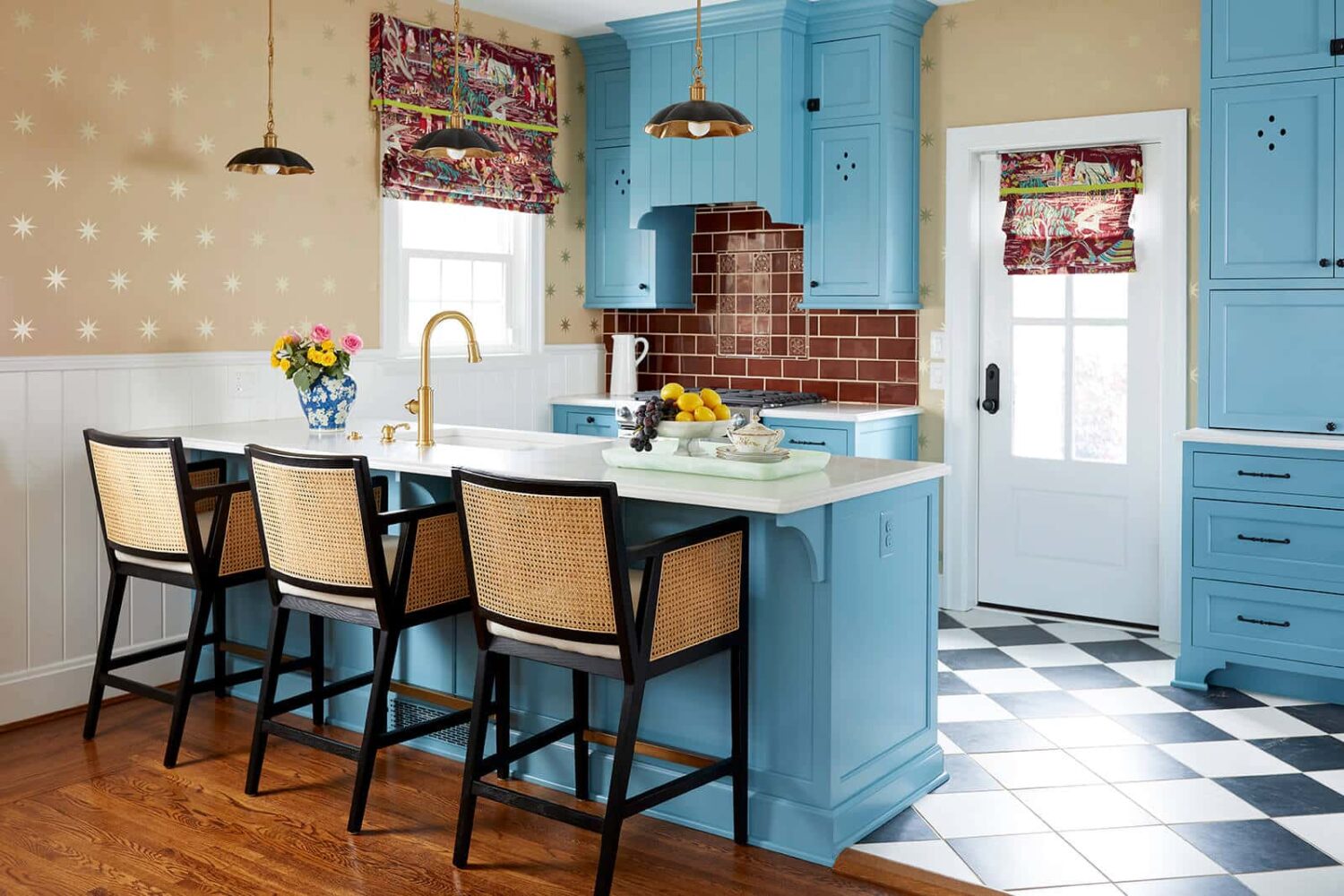 Laney's Home - light blue kitchen with argyle back and white tile - Become A Client