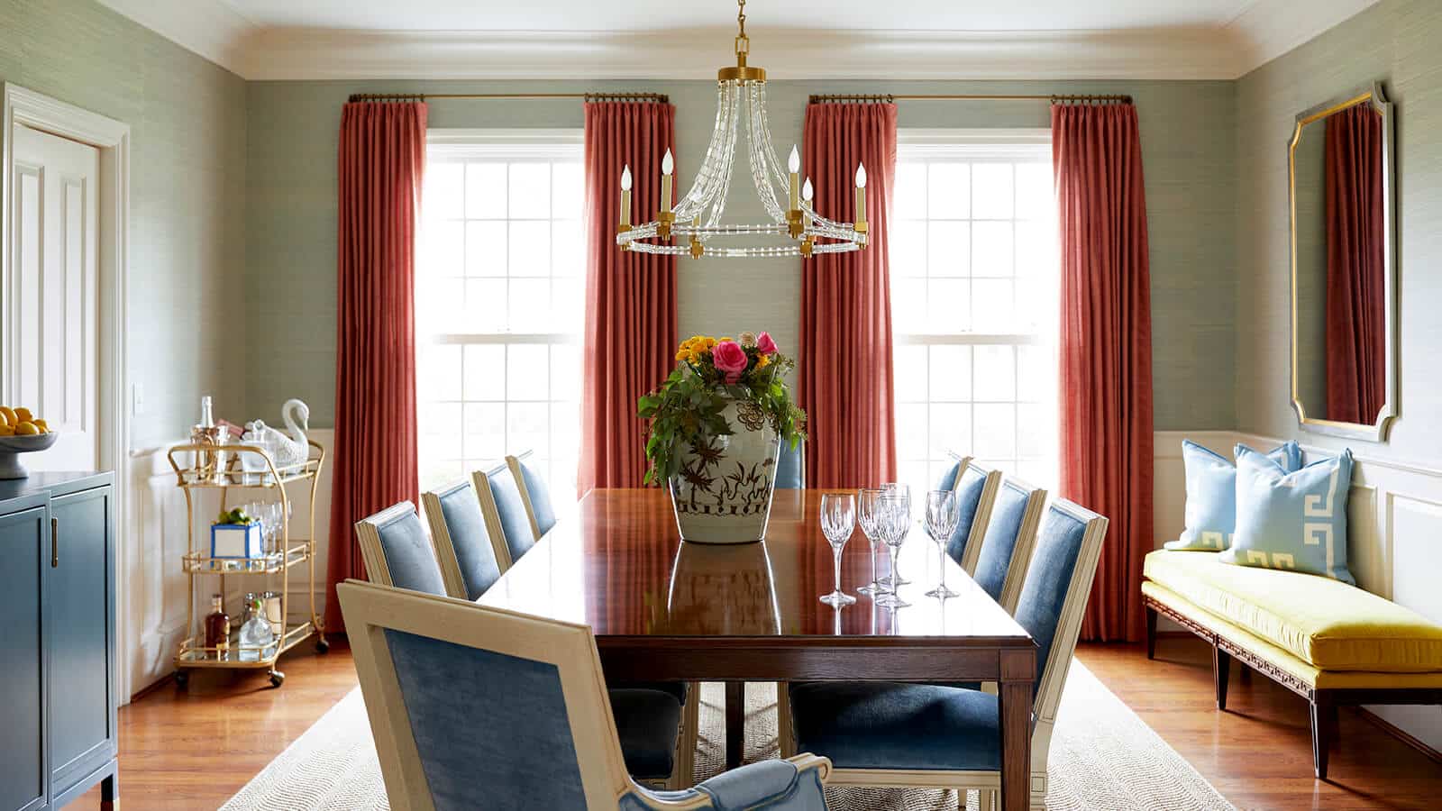 Dining room with blue chairs