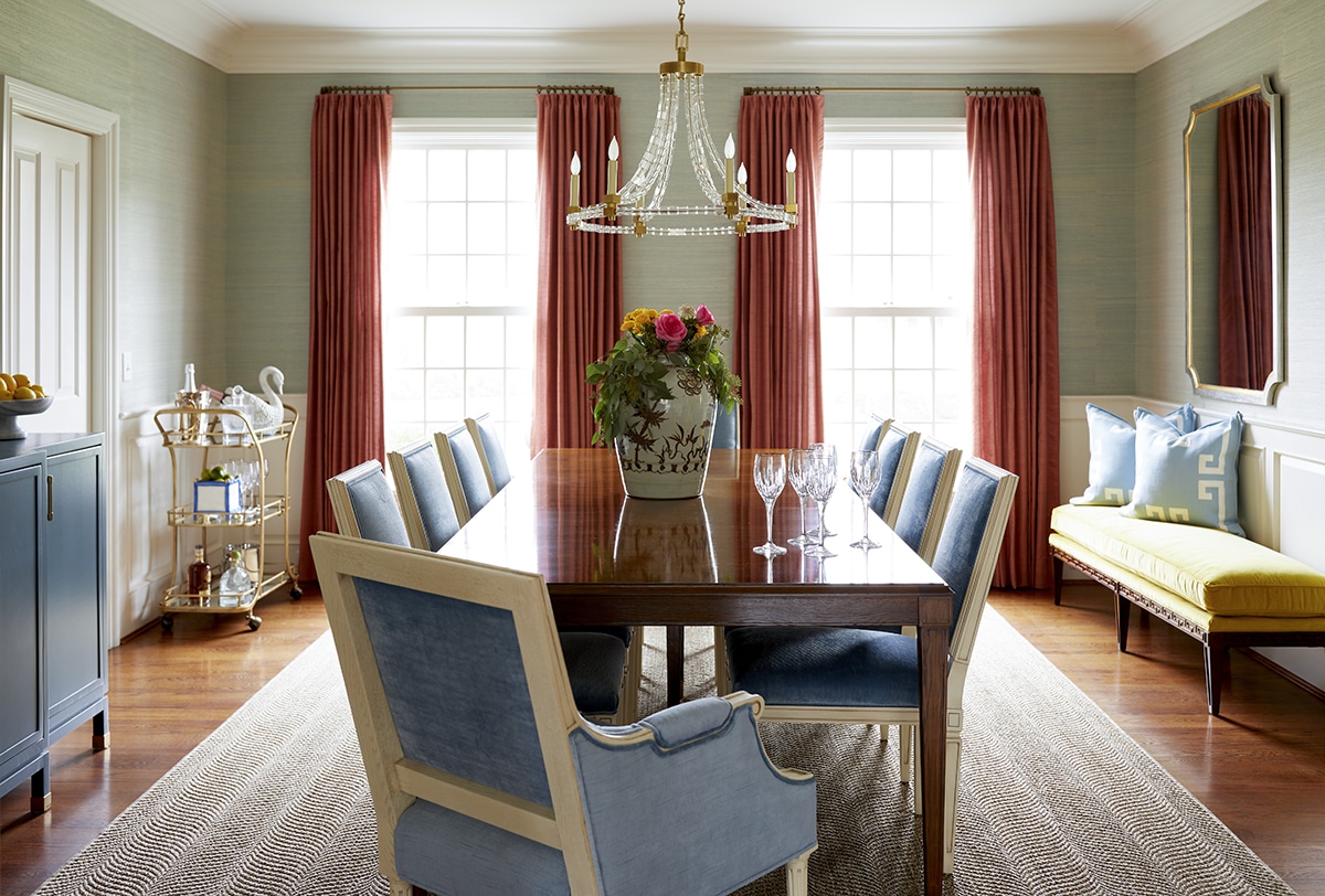 Dining room with blue chairs